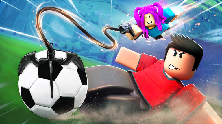 A player swings on a grappling hook toward the ball