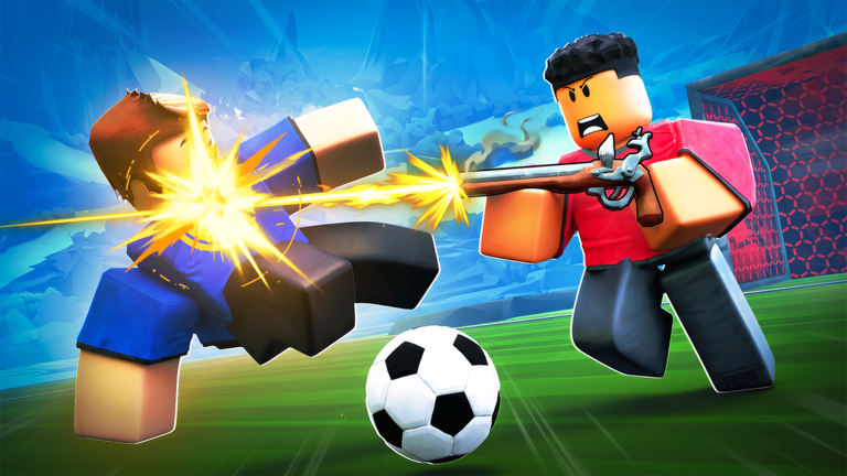 A red player fires a flintlock at a blue player as the ball rolls between them