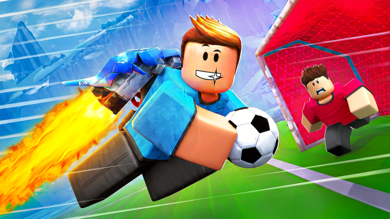A blue player jetpacks toward goal with the ball
